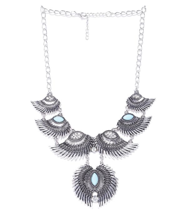 YouBella Oxidised Silver-Plated Stone-Studded Textured Necklace